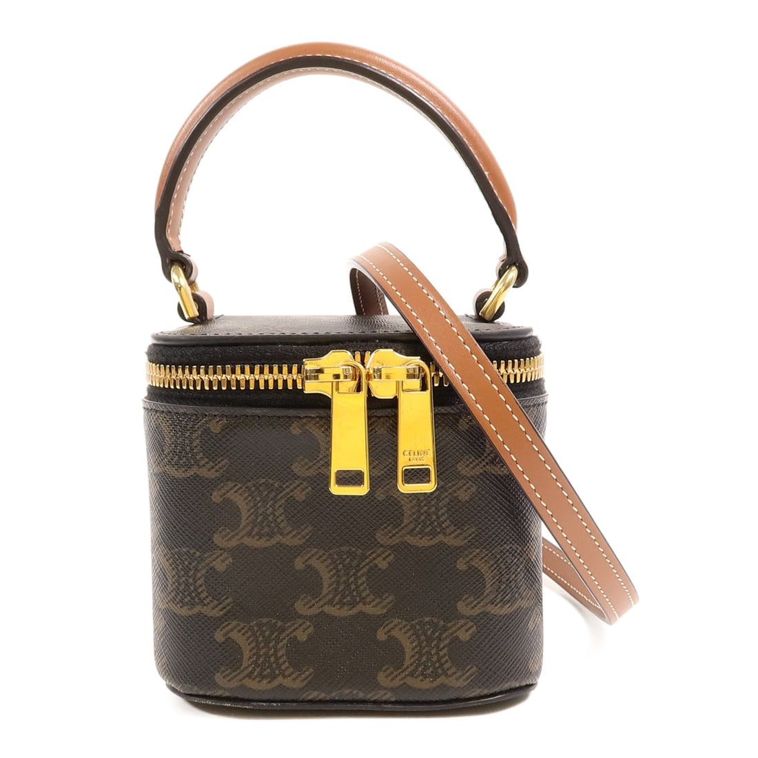 CELINE Mini Vanity Shoulder Bag Brown Coated Canvas GHW: CELINE Mini Vanity Shoulder Bag Brown Coated Canvas GHW This CELINE mini vanity case is a versatile 2-way shoulder bag crafted from durable PVC coated canvas in brown. Designed for women, it features 