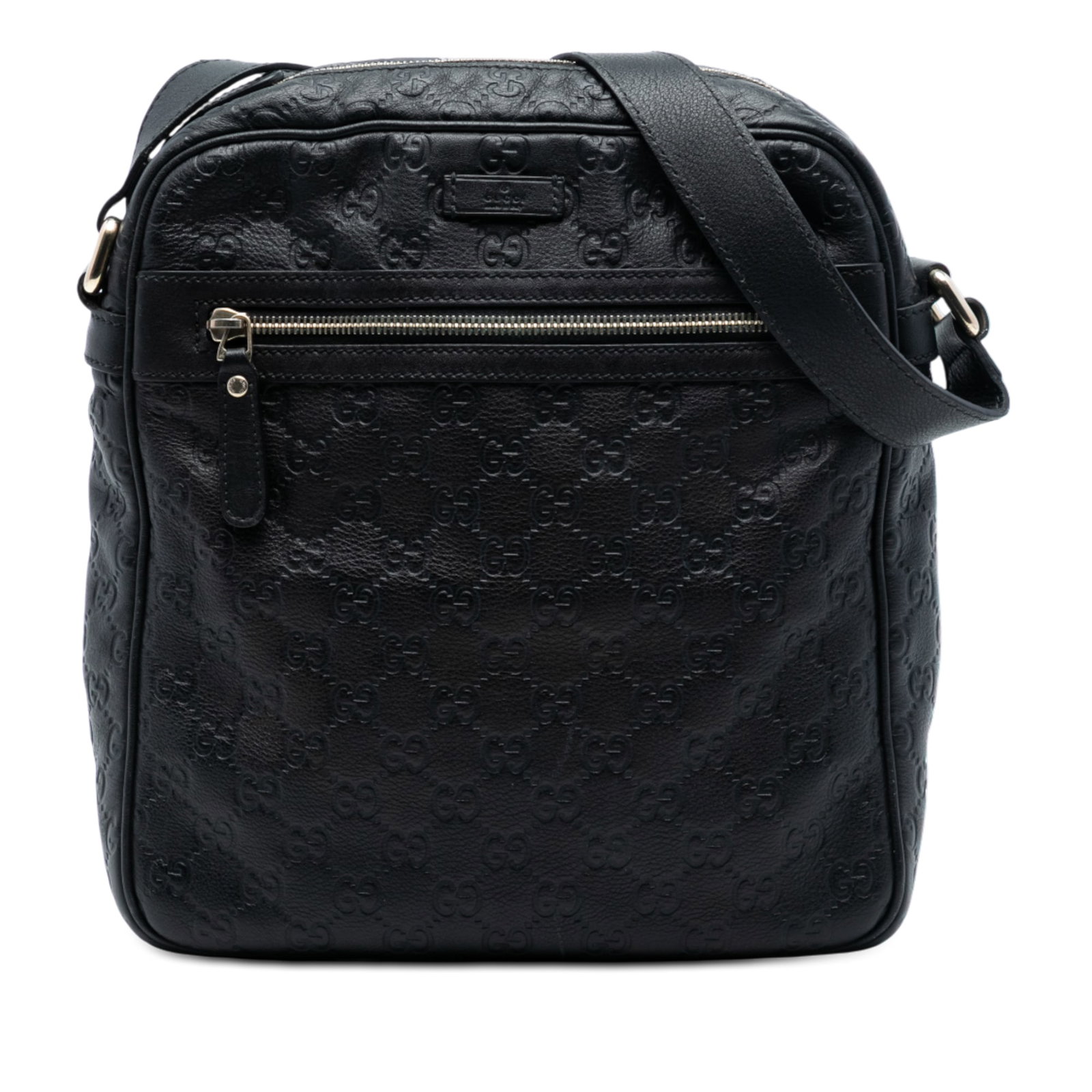 Gucci Guccissima Black Leather Adjustable Strap Crossbody Bag: Gucci Guccissima Black Leather Adjustable Strap Crossbody Bag This Gucci Guccissima crossbody bag features a black leather body with an adjustable flat leather strap, a top zip closure, and an exterio