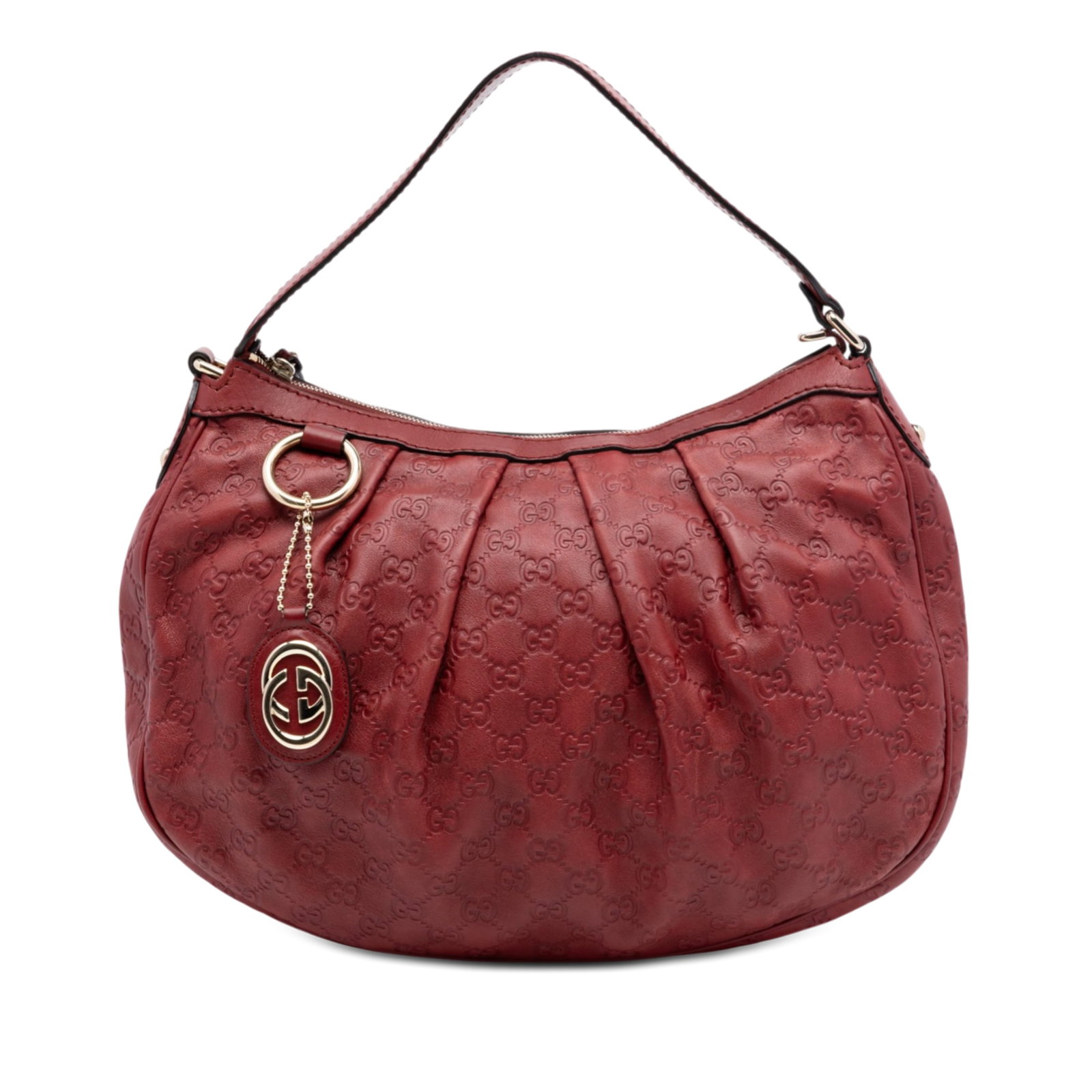 Gucci Guccissima Sukey Red Leather Shoulder Bag: Gucci Guccissima Sukey Red Leather Shoulder Bag The Guccissima Sukey Shoulder Bag is crafted from red leather and features a flat leather strap, a top zip closure, and both interior zip and slip pocke