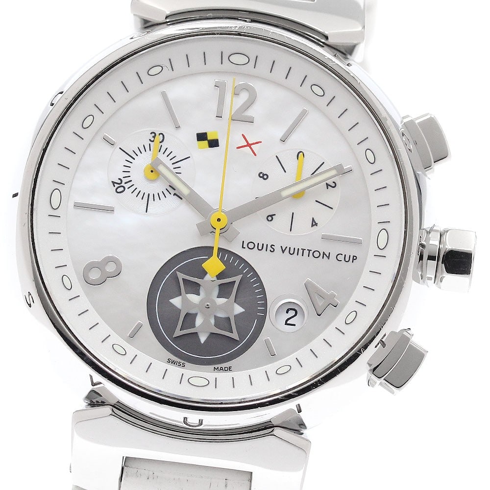 Louis Vuitton Tambour Lovely Cup Quartz Chronograph Ladies Watch Q132C: Louis Vuitton Tambour Lovely Cup Quartz Chronograph Ladies Watch Q132C This Louis Vuitton Q132C Tambour Lovely Cup Chronograph is a pre-owned women's wristwatch featuring a stainless steel case and a 