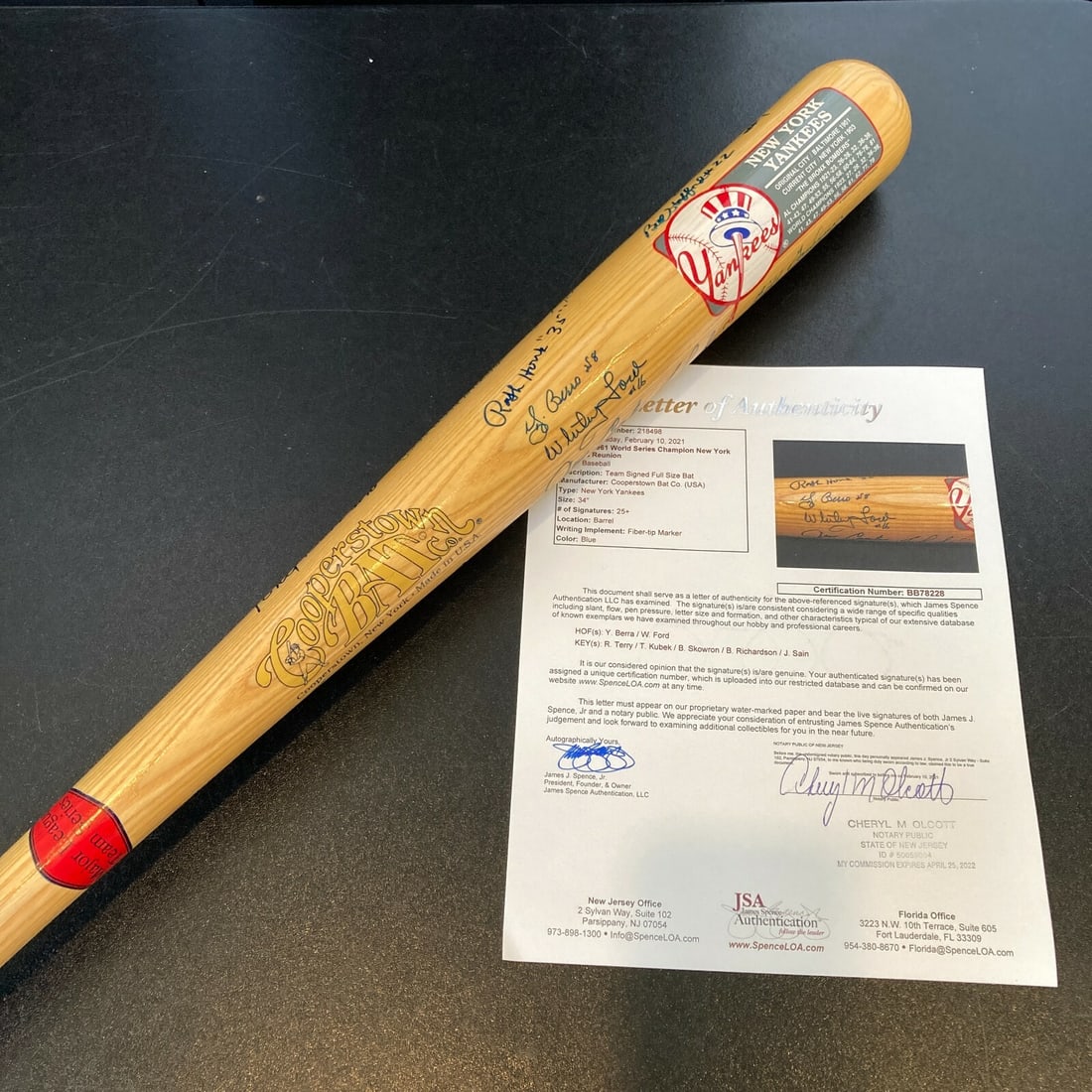 1961 New York Yankees Team Signed Bat 30 Autographs JSA COA: 1961 New York Yankees Team Signed Bat 30 Autographs JSA COA Celebrate the legendary 1961 New York Yankees with this commemorative team signed bat. This authentic bat, issued by the Cooperstown Bat Com