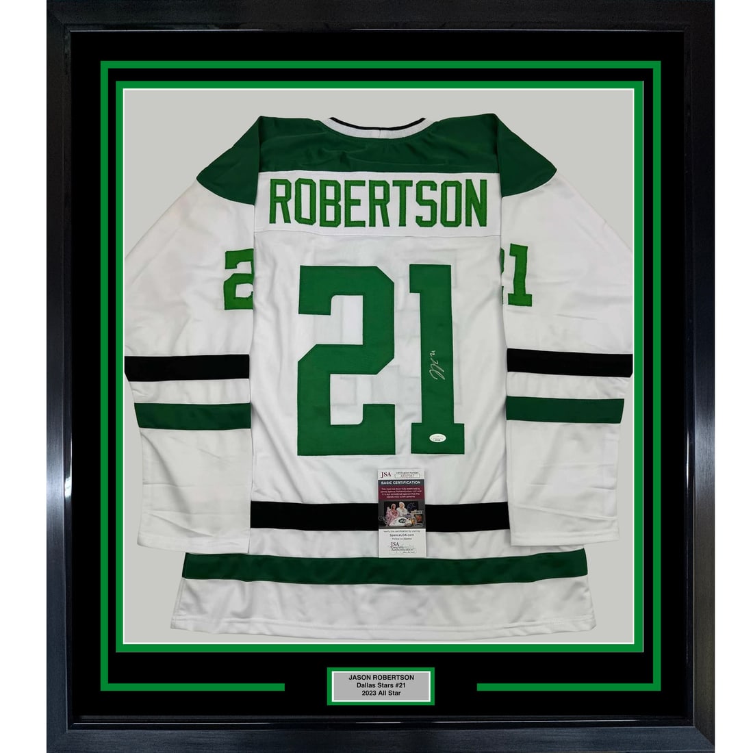 Framed Jason Robertson Autographed Jersey Dallas Stars JSA COA 35x39: Framed Jason Robertson Autographed Jersey Dallas Stars JSA COA 35x39 Celebrate your passion for hockey with this professionally framed and autographed Jason Robertson Dallas Stars jersey. Featuring an