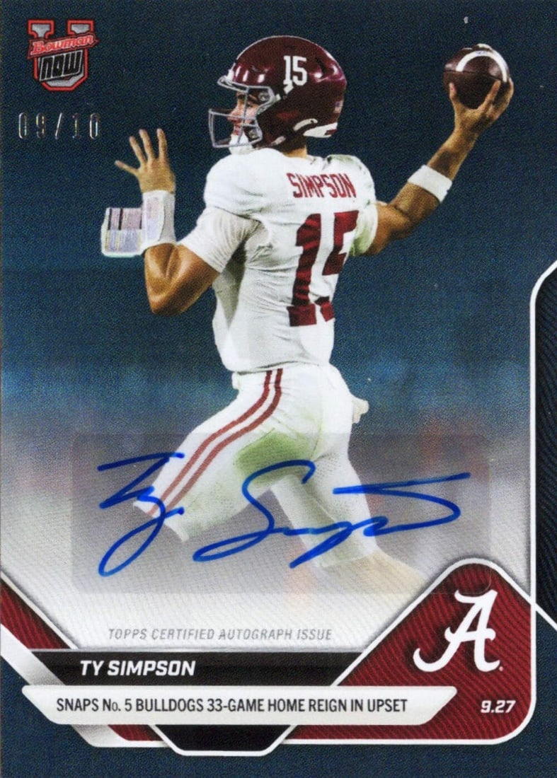 2025 Topps Bowman U Now Ty Simpson #22A Black Auto /10 Rookie Football Card: 2025 Topps Bowman U Now Ty Simpson #22A Black Auto /10 Rookie Football Card This is a 2025 Topps Bowman U Now Ty Simpson #22A Black Auto /10 Rookie RC Football Card, featuring the signature of athlete