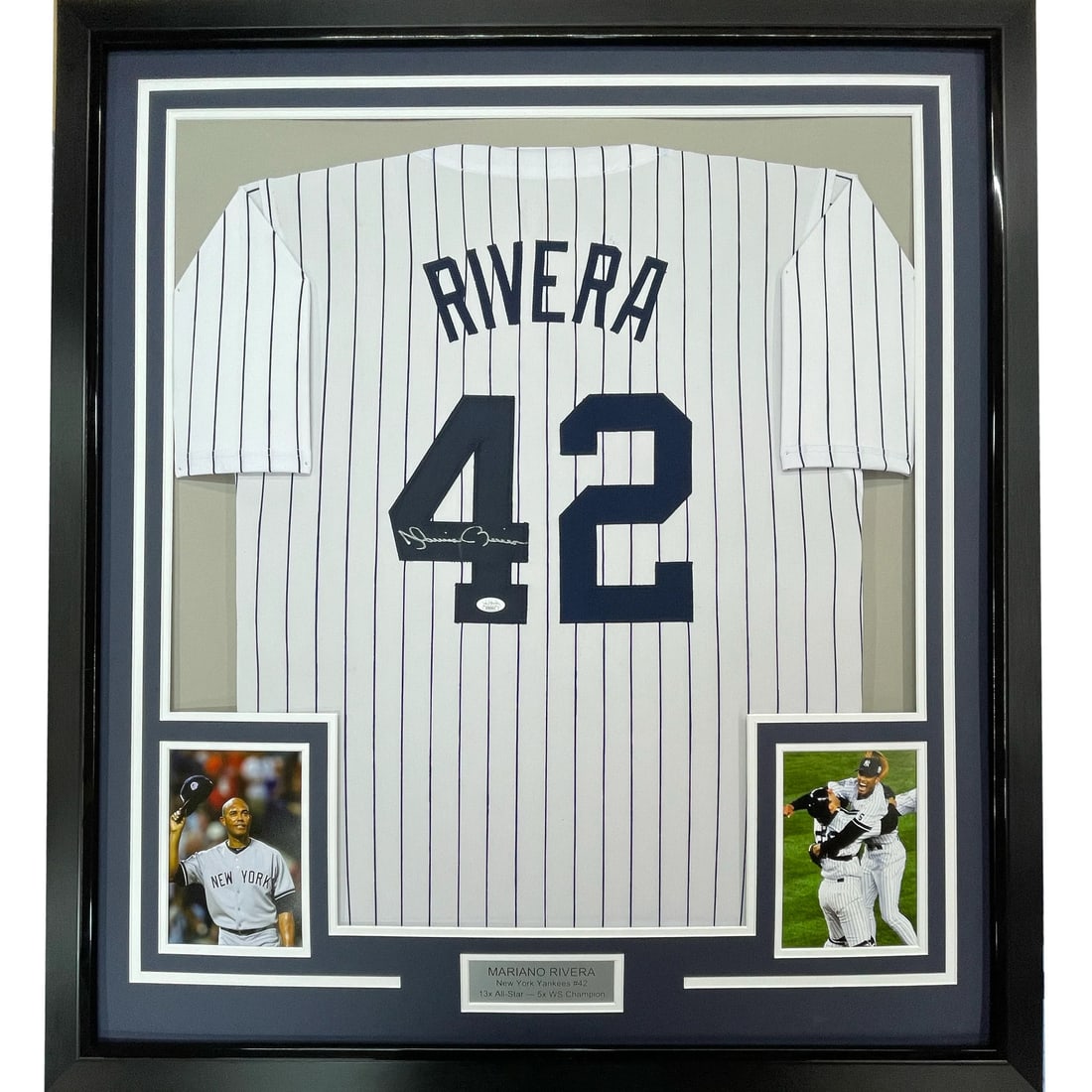 Mariano Rivera Signed Yankees Pinstripe Jersey Framed Display JSA COA LOA: Mariano Rivera Signed Yankees Pinstripe Jersey Framed Display JSA COA LOA This professionally framed and matted New York Yankees pinstripe jersey features the authentic autograph of Mariano Rivera. Th