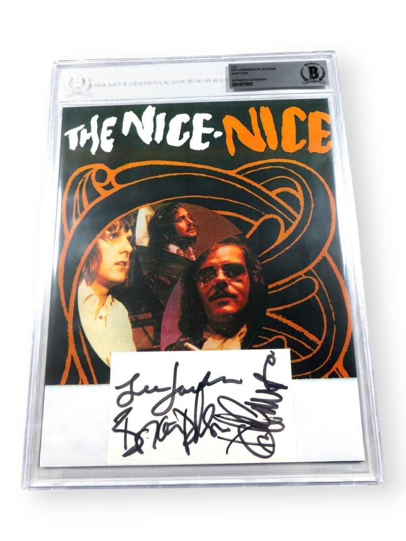 The Nice Band Autographed Cut Signature by Keith Emerson Beckett Authenticated: The Nice Band Autographed Cut Signature by Keith Emerson Beckett Authenticated This is an original cut signature card featuring autographs from The Nice Band members: Keith Emerson, Lee Jackson, and G