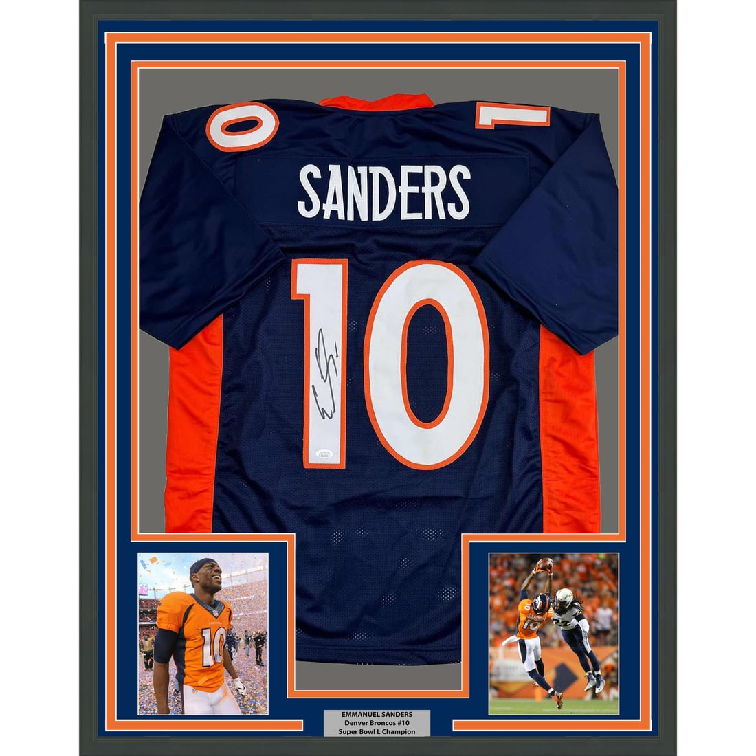 Framed Emmanuel Sanders signed Denver Broncos blue jersey JSA 35x39: Framed Emmanuel Sanders signed Denver Broncos blue jersey JSA 35x39 This professionally framed and matted display features a Denver Broncos blue jersey autographed by Emmanuel Sanders. The jersey is a