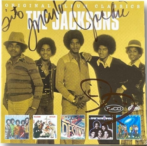 The Jacksons Autographed CD Cover with JSA Authentication: The Jacksons Autographed CD Cover with JSA Authentication Celebrate the legacy of The Jacksons with this autographed CD cover featuring Tito Jackson, Jermaine Jackson, Jackie Jackson, and Marlon Jacks