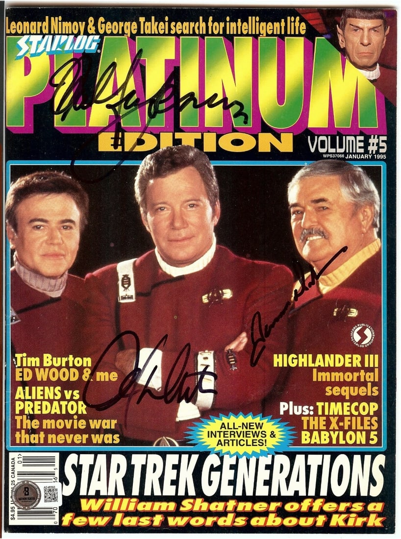Star Trek Magazine Signed by Shatner Doohan Koenig Beckett Authenticated: Star Trek Magazine Signed by Shatner Doohan Koenig Beckett Authenticated This is an original magazine featuring the iconic trio from Star Trek: William Shatner, James Doohan, and Walter Koenig. Each a