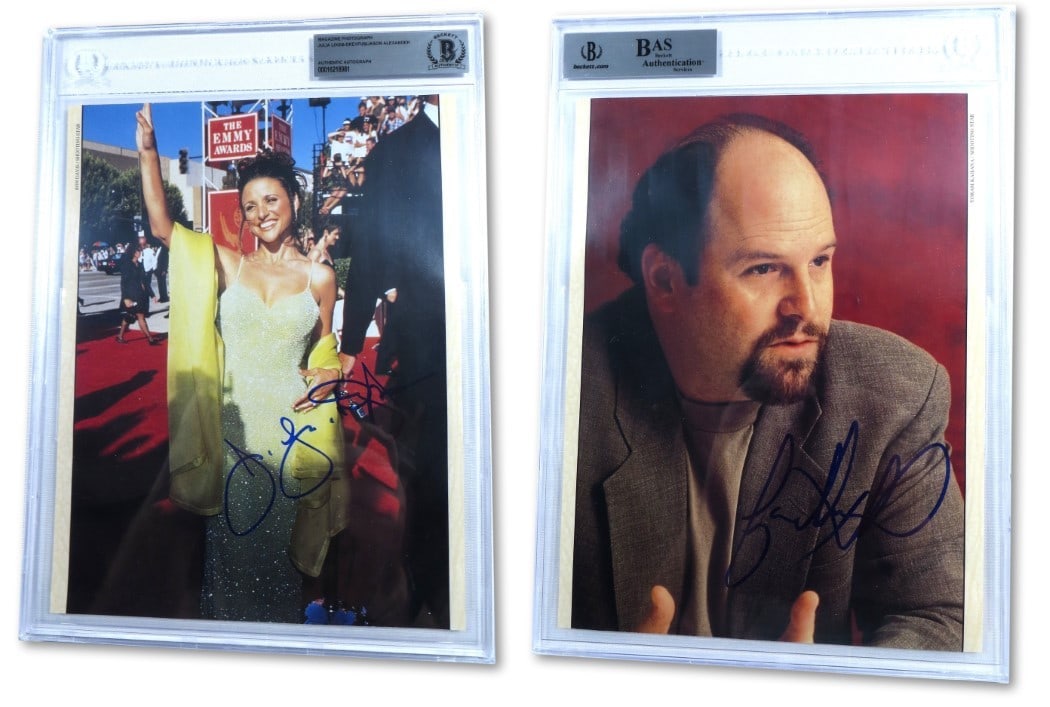 Julia Louis-Dreyfus Jason Alexander Signed Seinfeld Photo Beckett Authenticated: Julia Louis-Dreyfus Jason Alexander Signed Seinfeld Photo Beckett Authenticated This is an original autographed photograph featuring Julia Louis-Dreyfus and Jason Alexander from the iconic TV show Sei