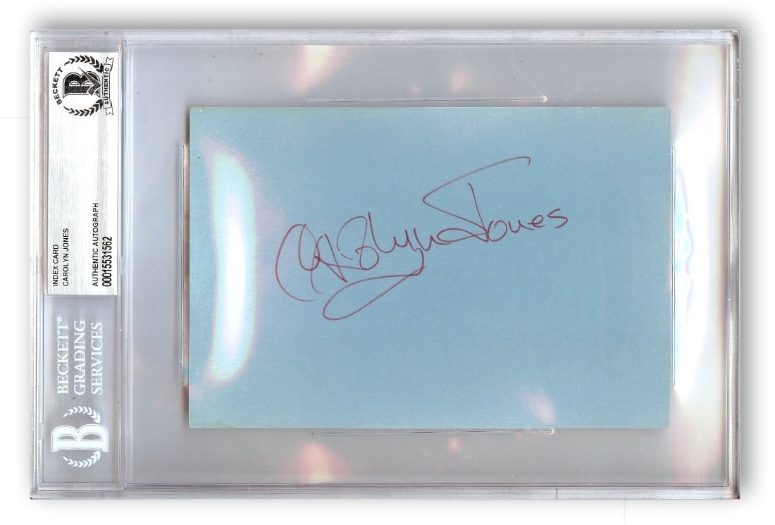 Autographed Index Card Signed by Carolyn Jones as Morticia Beckett Authenticated: Autographed Index Card Signed by Carolyn Jones as Morticia Beckett Authenticated This is an original index card autographed by Carolyn Jones, known for her role as Morticia in The Addams Family. The c
