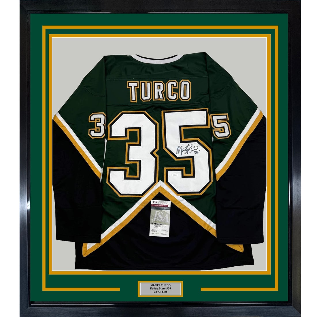 Framed Autographed Marty Turco Dallas Stars Jersey with JSA COA 35x39: Framed Autographed Marty Turco Dallas Stars Jersey with JSA COA 35x39 Celebrate the legacy of NHL goaltender Marty Turco with this professionally framed and autographed Dallas Stars green hockey jerse
