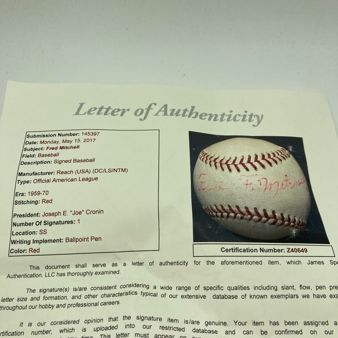 Fred Mitchell Signed Baseball First Red Sox Game JSA Authenticated - 7