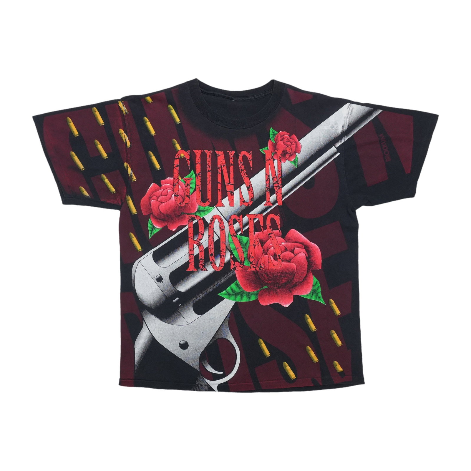 Vintage Guns N Roses Black Cotton All Over Print Shirt: Vintage Guns N Roses Black Cotton All Over Print Shirt This original vintage 1990s Guns N' Roses Revolver Roses all-over print shirt is a true piece from the era, not a modern reproduction. Made from 