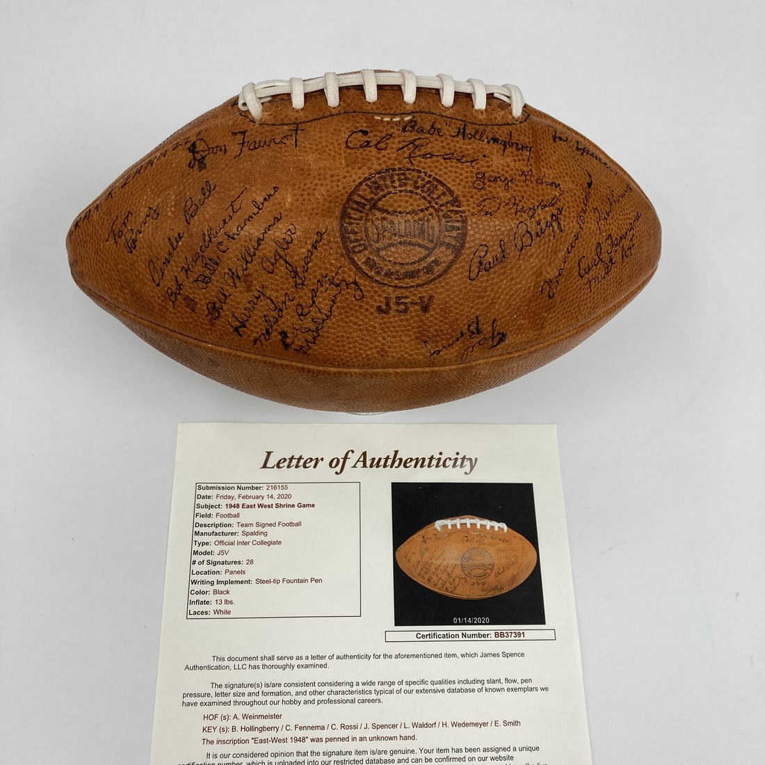 Spalding J5-V Football Signed by 1948 West Team with JSA Full LOA: Spalding J5-V Football Signed by 1948 West Team with JSA Full LOA This is an original Spalding J5-V model football from the 1948 East-West Shrine Game, signed by 28 members of the West team. Notable s