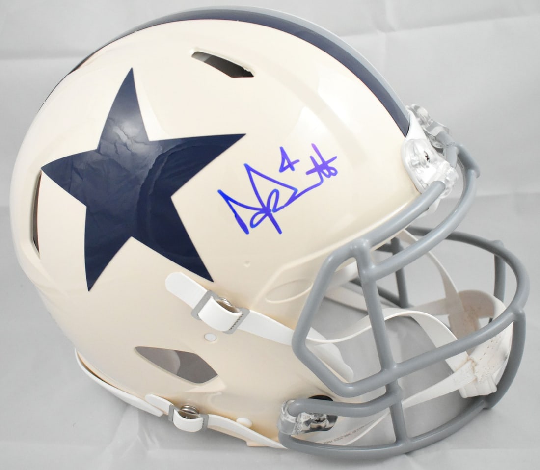Dak Prescott Autographed Cowboys Retro Speed Helmet Beckett: Dak Prescott Autographed Cowboys Retro Speed Helmet Beckett This is an authentic Dallas Cowboys full-size retro Speed helmet signed by Dak Prescott. The helmet is an original item and is pre-owned. It