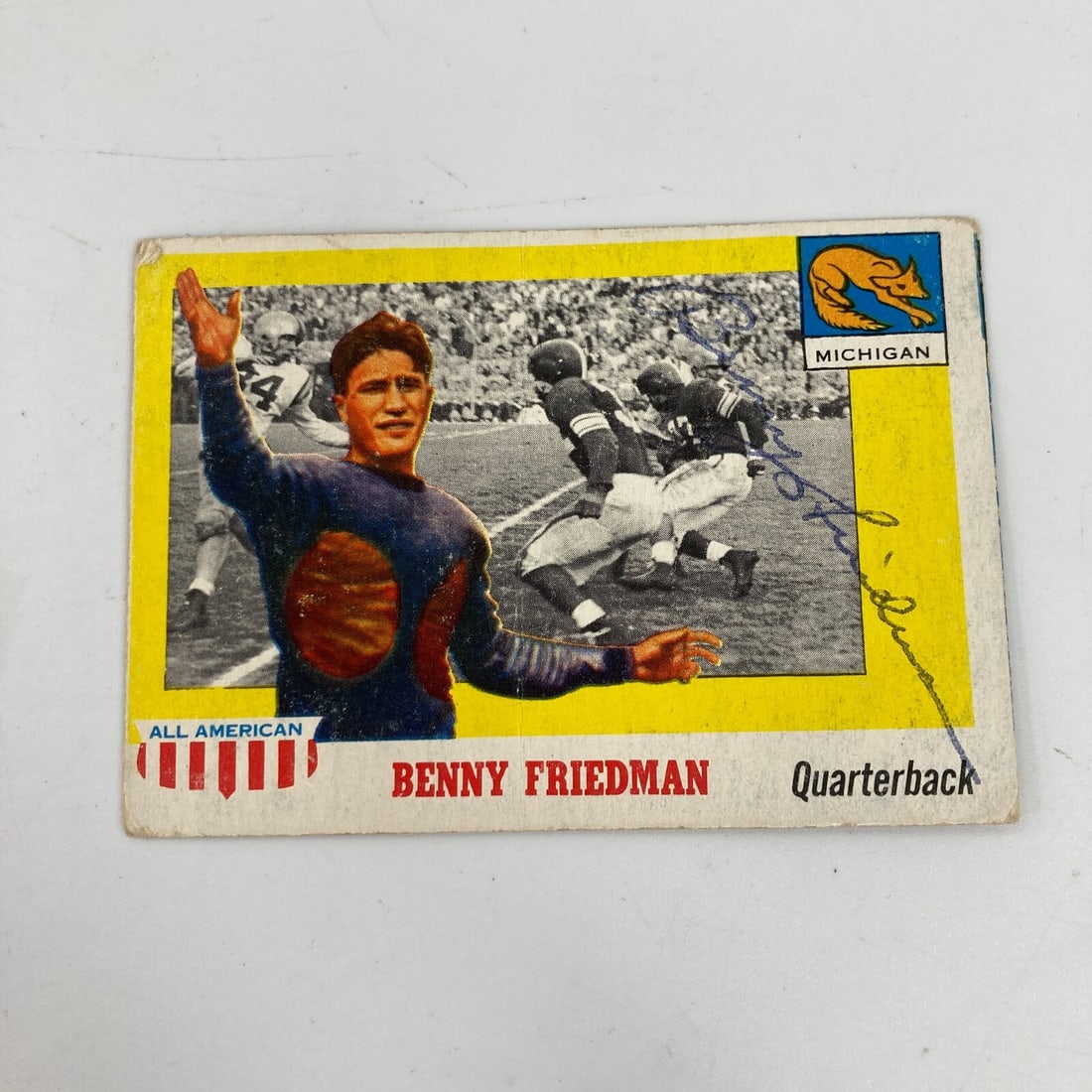 1955 Topps Benny Friedman Signed Rookie Card JSA Authenticated: 1955 Topps Benny Friedman Signed Rookie Card JSA Authenticated This rare 1955 Topps All-American Football trading card features Benny Friedman, a significant player in football history. This card is a