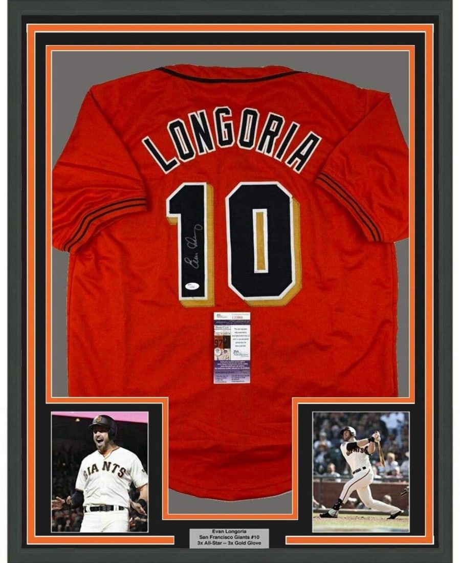 Framed Signed Evan Longoria Orange Jersey with JSA COA 33x42: Framed Signed Evan Longoria Orange Jersey with JSA COA 33x42 Celebrate your passion for baseball with this stunning framed autographed Evan Longoria jersey. This authentic San Francisco Giants jersey 