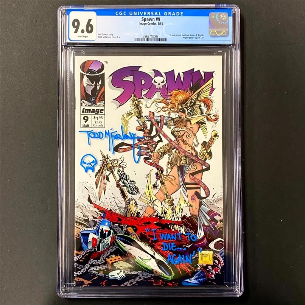 Spawn Issue 9 Comic CGC 9.6 with Todd McFarlane Signature and Inscription: Spawn Issue 9 Comic CGC 9.6 with Todd McFarlane Signature and Inscription This is a 1993 Spawn #9 comic book, graded CGC 9.6 Near Mint+, signed and inscribed with the remark "I Want to Die" by Todd