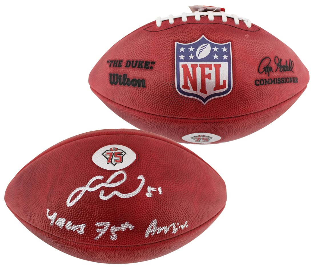 Fred Warner Signed 49ers 75th Anniversary Wilson NFL Football BAS Authenticated: Fred Warner Signed 49ers 75th Anniversary Wilson NFL Football BAS Authenticated Celebrate the legacy of the San Francisco 49ers with this officially licensed Wilson "The Duke" NFL football, commemorat
