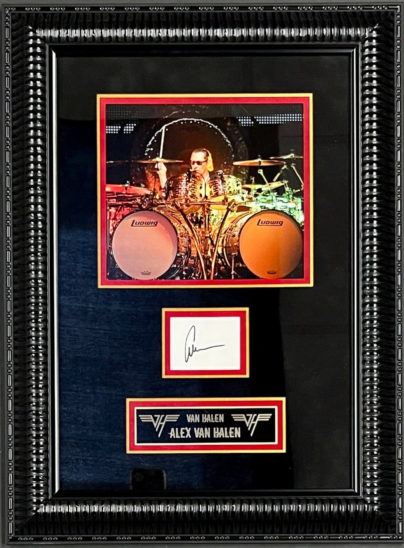 Alex Van Halen Signed Framed Display 24 x 18 COA: Alex Van Halen Signed Framed Display 24 x 18 COA This professionally framed display showcases a cut signature from Alex Van Halen, the renowned drummer of Van Halen. The signature has been authenticat