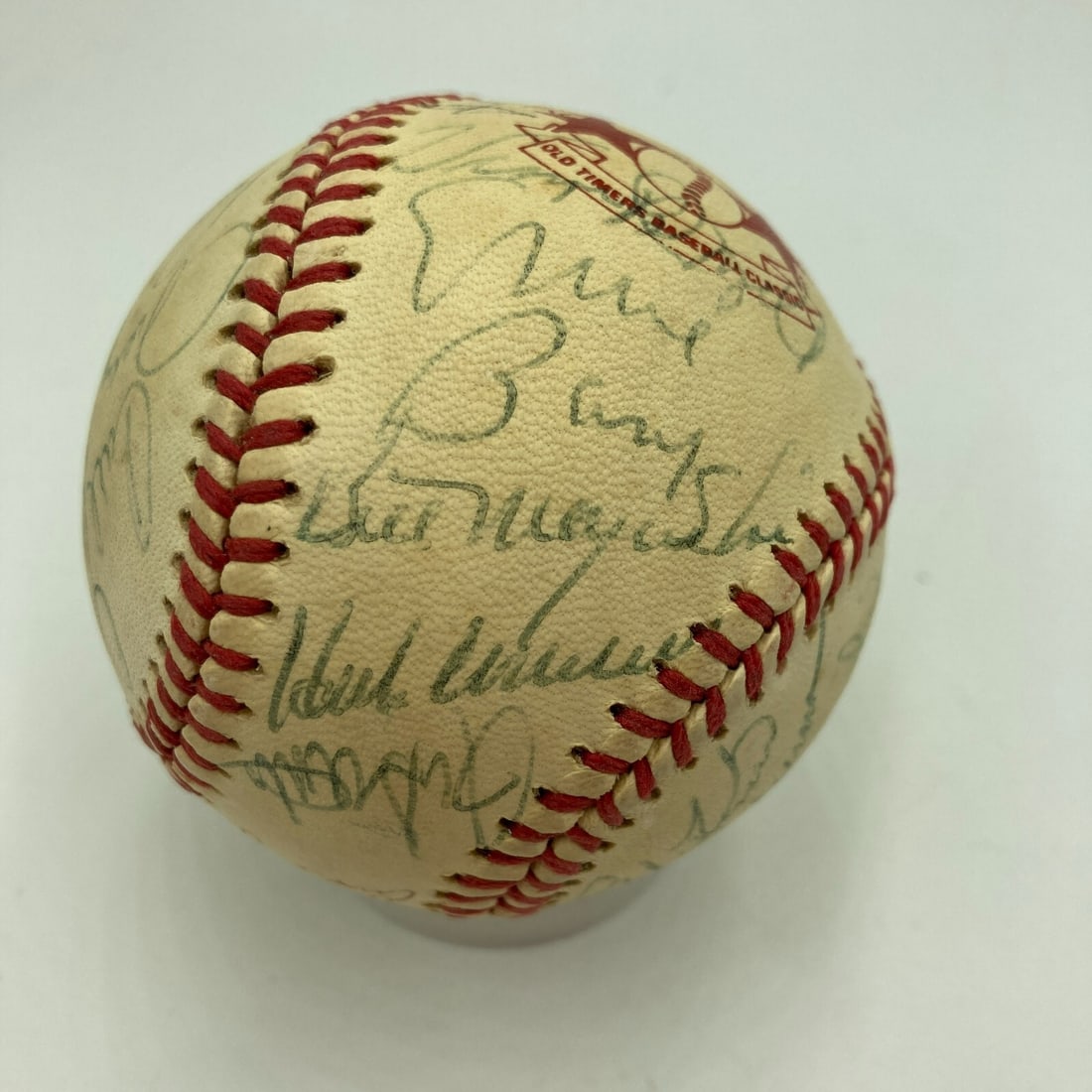 Hank Aaron Ernie Banks Signed 1980s Cracker Jack Baseball JSA COA: Hank Aaron Ernie Banks Signed 1980s Cracker Jack Baseball JSA COA This historic 1980's Cracker Jack Old Timers Game baseball features 27 signatures, prominently including Hall of Famers Hank Aaron and