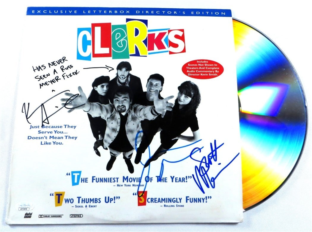 Clerks Multi Signed Autographed Laserdisc Kevin Smith Mewes Mosier JSA Authenticated: Clerks Multi Signed Autographed Laserdisc Kevin Smith Mewes Mosier JSA Authenticated This original autographed Laserdisc features signatures from the iconic Clerks cast, including Kevin Smith, Jason M
