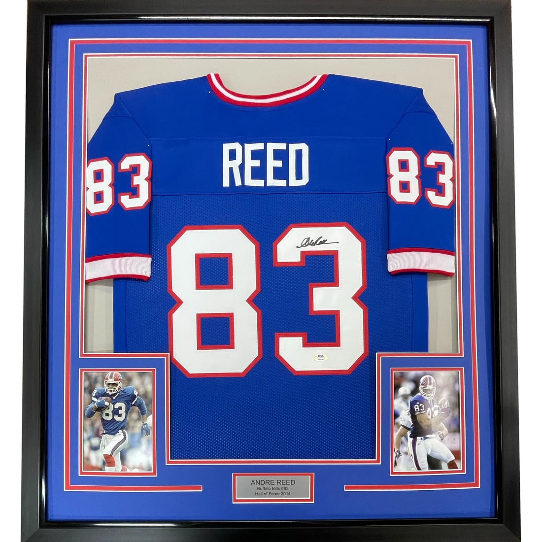 Framed PSA/DNA Autographed Andre Reed Buffalo Bills Jersey 35x39: Framed PSA/DNA Autographed Andre Reed Buffalo Bills Jersey 35x39 Celebrate your passion for football with this professionally framed and autographed Andre Reed Buffalo Bills jersey. Measuring 35x39
