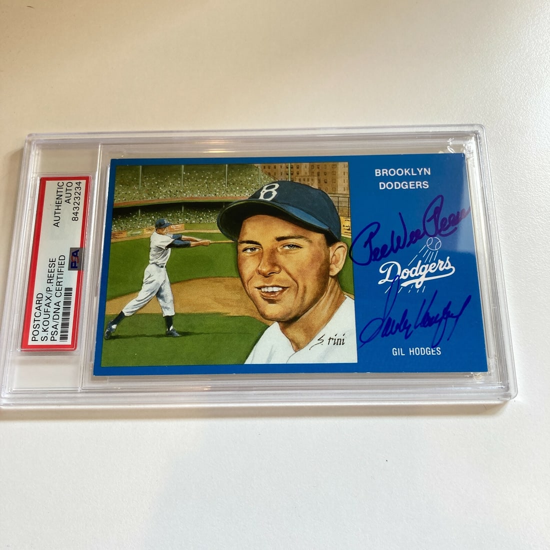 Sandy Koufax Pee Wee Reese Signed Brooklyn Dodgers Postcard PSA Authenticated: Sandy Koufax Pee Wee Reese Signed Brooklyn Dodgers Postcard PSA Authenticated This is an original signed postcard featuring Sandy Koufax and Pee Wee Reese, both legendary figures of the Brooklyn Dodge