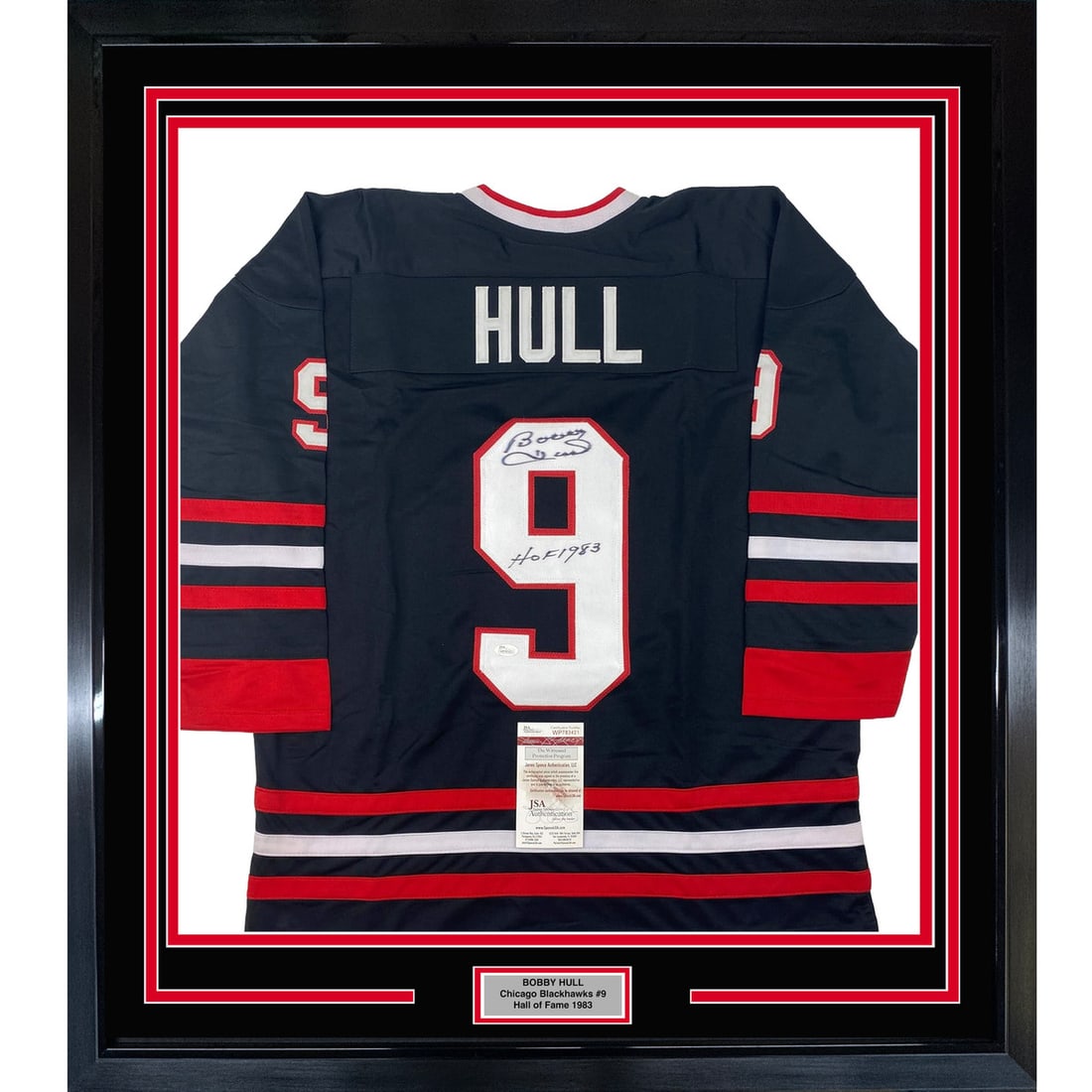 Bobby Hull signed Blackhawks framed jersey display JSA 33x42 (1 of 2)