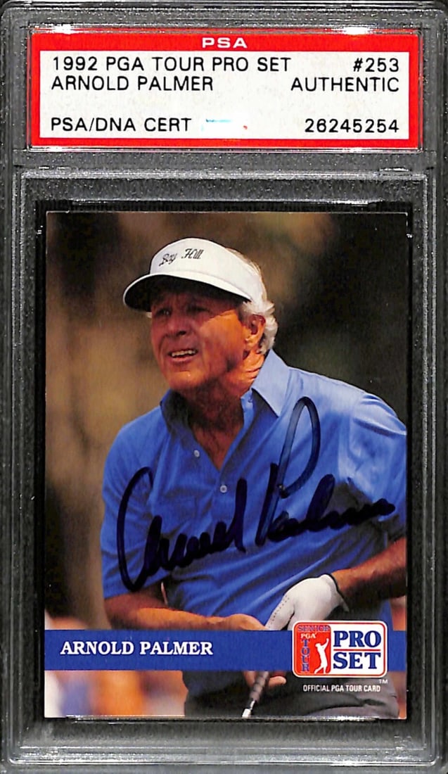 Arnold Palmer 1992 Pro Set PGA Tour #253 Signed Card PSA/DNA: Arnold Palmer 1992 Pro Set PGA Tour #253 Signed Card PSA/DNA This is an original autographed 1992 Pro Set PGA Tour #253 sports trading card signed by the legendary golfer Arnold Palmer. The signature