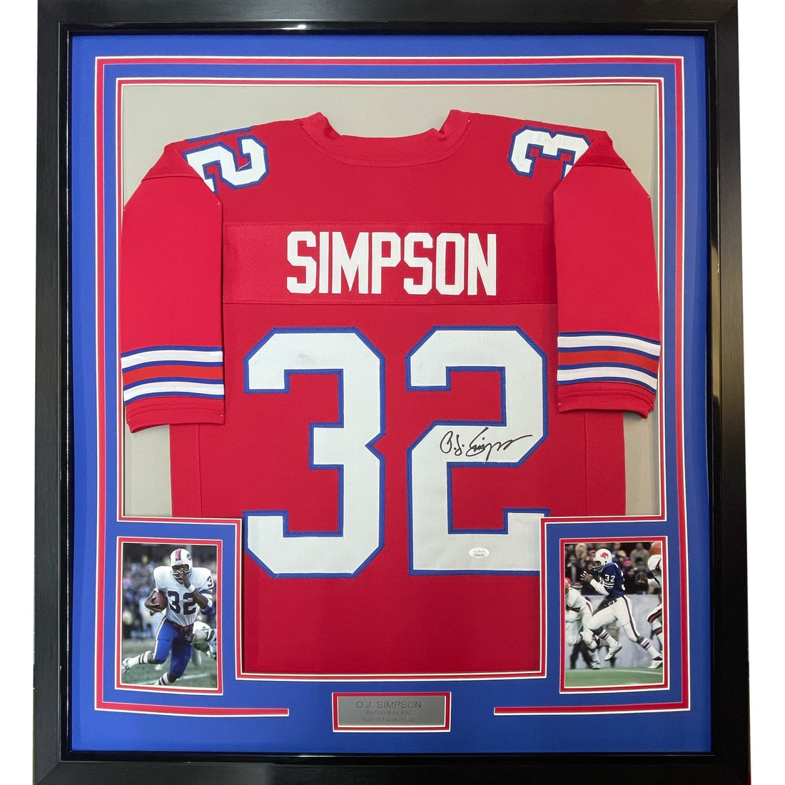 Framed O.J. Simpson Autographed Red Jersey JSA COA NFL: Framed O.J. Simpson Autographed Red Jersey JSA COA NFL Showcase your love for NFL history with this framed autographed O.J. Simpson red jersey. This authentic piece features a bold signature from the 