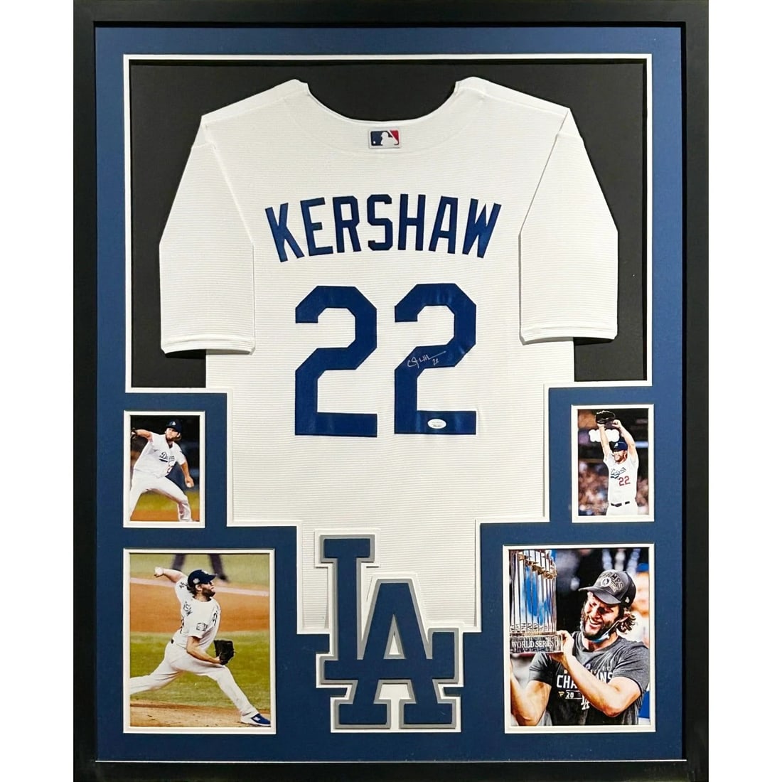 JSA Authenticated Clayton Kershaw Framed Dodgers Jersey: JSA Authenticated Clayton Kershaw Framed Dodgers Jersey This is a framed Los Angeles Dodgers jersey autographed by Clayton Kershaw. The jersey is presented in a display frame featuring detailed crafts