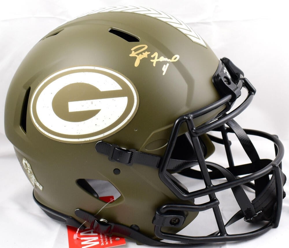Beckett Authenticated Brett Favre Packers Salute to Service Speed Helmet: Beckett Authenticated Brett Favre Packers Salute to Service Speed Helmet This is a Green Bay Packers full-size Salute to Service Speed Authentic helmet signed by Brett Favre. The autograph has been au