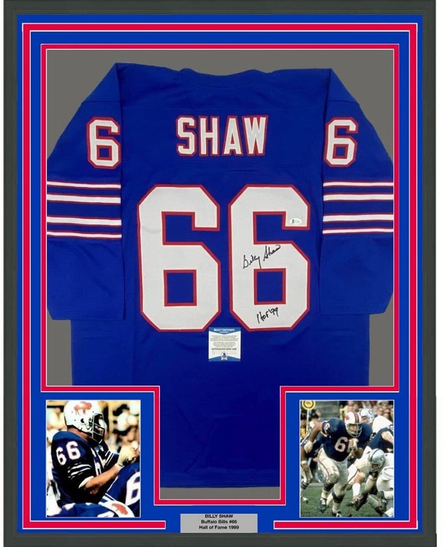 Framed Autographed Billy Shaw HOF Jersey Buffalo Bills BAS COA 33x42: Framed Autographed Billy Shaw HOF Jersey Buffalo Bills BAS COA 33x42 Celebrate the legacy of Billy Shaw with this professionally framed and autographed Buffalo Bills jersey. This stunning blue jersey,