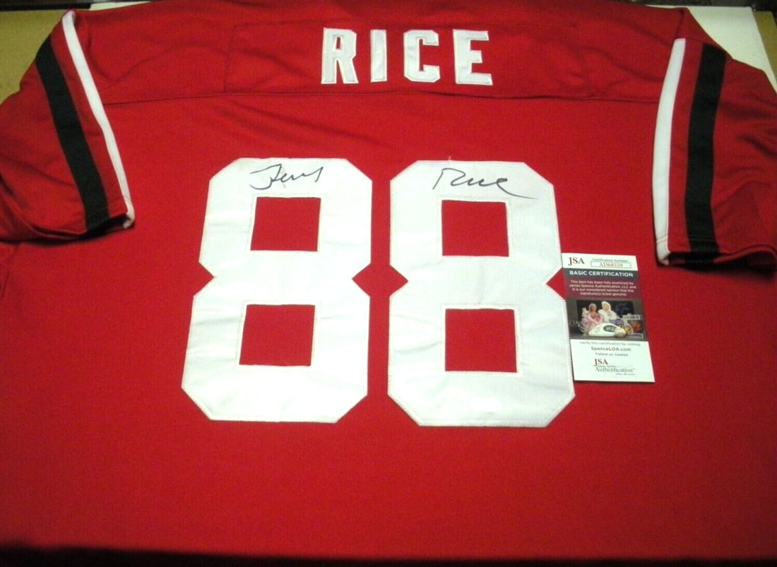Jerry Rice Signed Campus Legends Jersey with JSA COA: Jerry Rice Signed Campus Legends Jersey with JSA COA This is an officially licensed Mississippi jersey featuring the legendary football player Jerry Rice. The jersey is an original piece, not a reprin