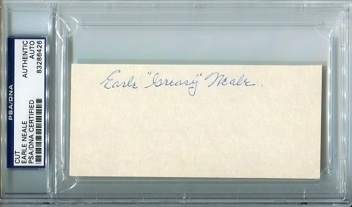 Earle Greasy Neale PSA DNA Certified Signed 2.5x5 Autograph NFL Cut: Earle Greasy Neale PSA DNA Certified Signed 2.5x5 Autograph NFL Cut This is an original cut autograph signed by Earle Greasy Neale, presented on a 2.5 x 5 inch piece. The autograph has been authentica