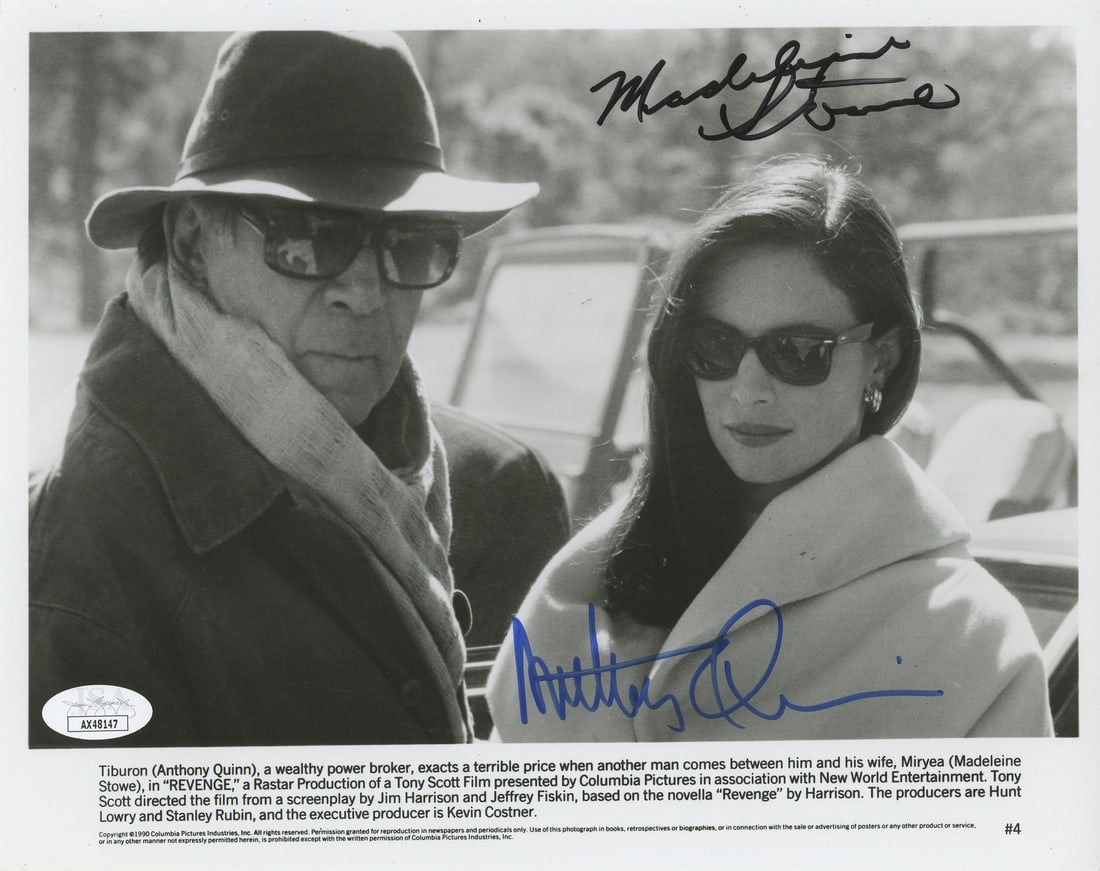 Madeleine Stowe Anthony Quinn Signed 8x10 Photo Revenge JSA COA: Madeleine Stowe Anthony Quinn Signed 8x10 Photo Revenge JSA COA This stunning 8x10 photograph features the authentic signatures of Madeleine Stowe and Anthony Quinn, both stars of the acclaimed