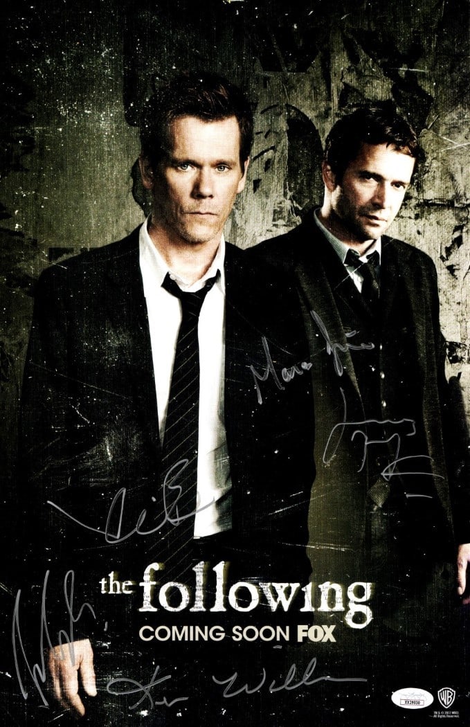 The Following Autographed 11x17 Poster by Kevin Bacon JSA: The Following Autographed 11x17 Poster by Kevin Bacon JSA This is a professionally autographed 11" x 17" poster from the cast of "The Following," featuring signatures from renowned actors Kevin Bacon,