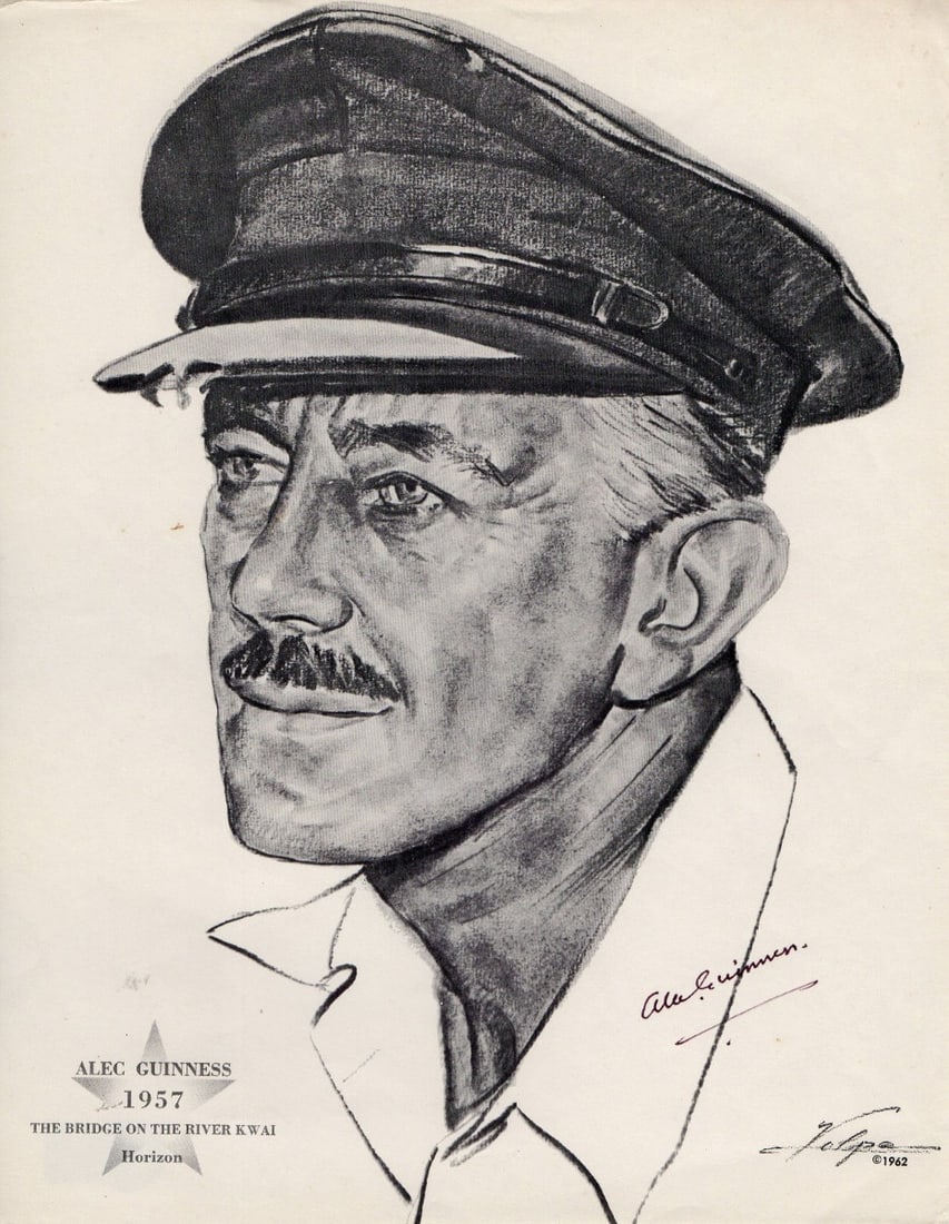 Alec Guinness Signed Art Print Bridge on the River Kwai Beckett Authenticated: Alec Guinness Signed Art Print Bridge on the River Kwai Beckett Authenticated This authentic art print features the iconic Alec Guinness, renowned for his role in the classic film 'Bridge on the River