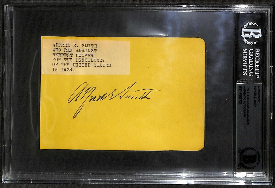Alfred Al Smith Signed Album Page Beckett Authenticated: Alfred Al Smith Signed Album Page Beckett Authenticated This autographed album page features the signature of Alfred "Al" Smith, the 42nd Governor of New York and 1928 Presidential Nominee, written in