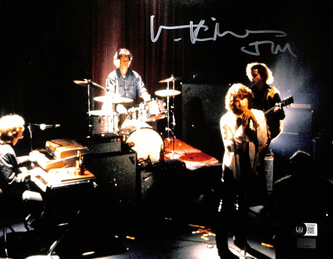 Val Kilmer Signed Jim Morrison 11x14 Photo Beckett Authenticated: Val Kilmer Signed Jim Morrison 11x14 Photo Beckett Authenticated This autographed 11x14 photograph features Val Kilmer as Jim Morrison, signed in silver permanent marker. The actor, who portrayed the 