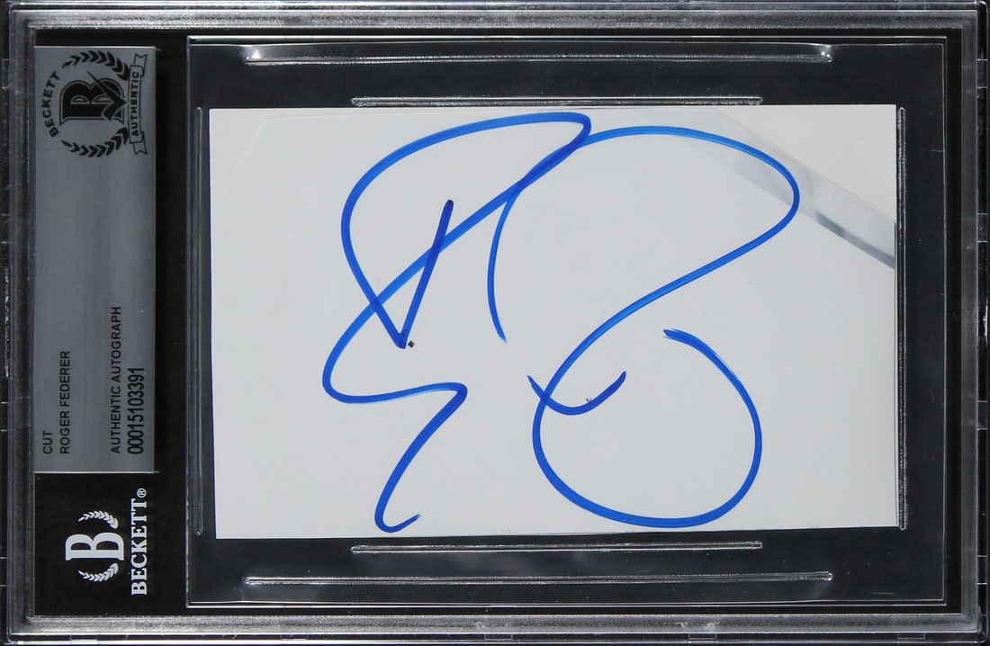 Roger Federer Beckett Authenticated 3x5 Signed Cut Slab Tennis Autograph: Roger Federer Beckett Authenticated 3x5 Signed Cut Slab Tennis Autograph This 3x5 cut signature features the authentic autograph of tennis legend Roger Federer. The signature is encapsulated and authe