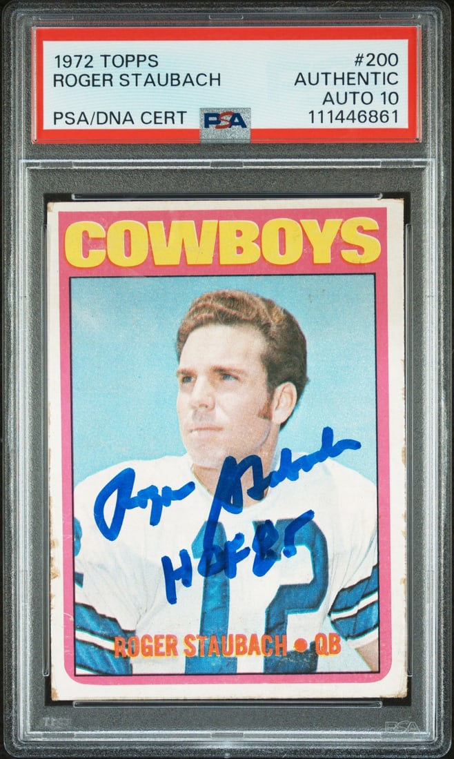 Roger Staubach Signed 1972 Topps Rookie Card HOF 85 PSA 10: Roger Staubach Signed 1972 Topps Rookie Card HOF 85 PSA 10 Celebrate the legacy of football legend Roger Staubach with this remarkable 1972 Topps #200 Rookie Card, personally signed by him with the in