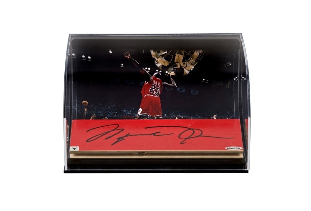 Michael Jordan Autographed Game Floor Photo Display Case Upper Deck: Michael Jordan Autographed Game Floor Photo Display Case Upper Deck This impressive display case features a game floor photo autographed by the legendary Michael Jordan, celebrating his iconic 1988 se