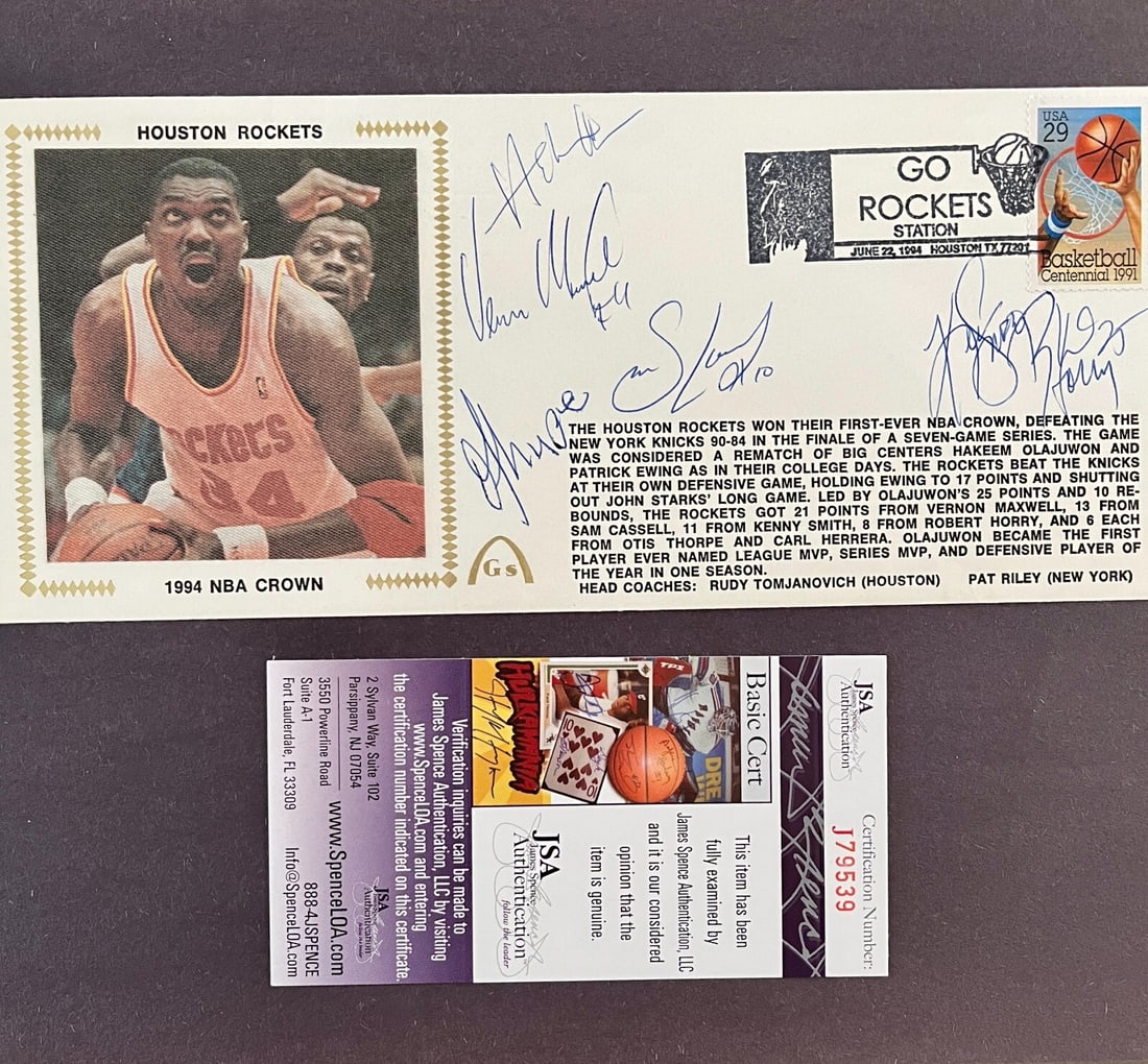 1994 Houston Rockets Championship FDC Signed by 6 Players JSA Authenticated: 1994 Houston Rockets Championship FDC Signed by 6 Players JSA Authenticated Celebrate the legacy of the 1994 NBA Championship with this First Day Cover (FDC) featuring the signatures of six starting p