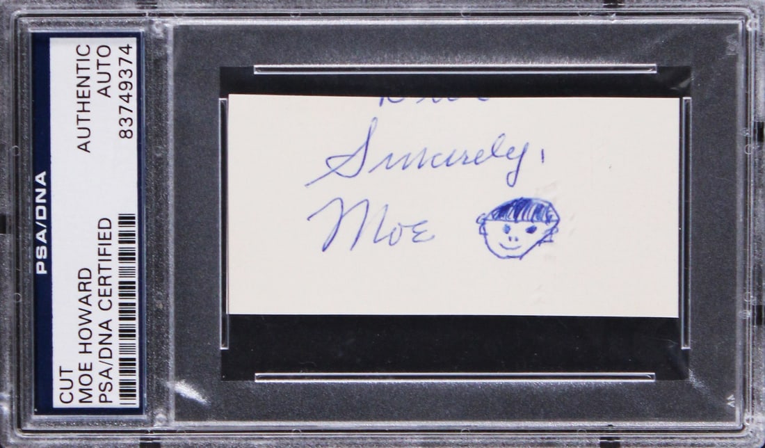 Moe Howard autograph cut with self portrait sketch PSA slabbed 1.5x3.25 (1 of 2)