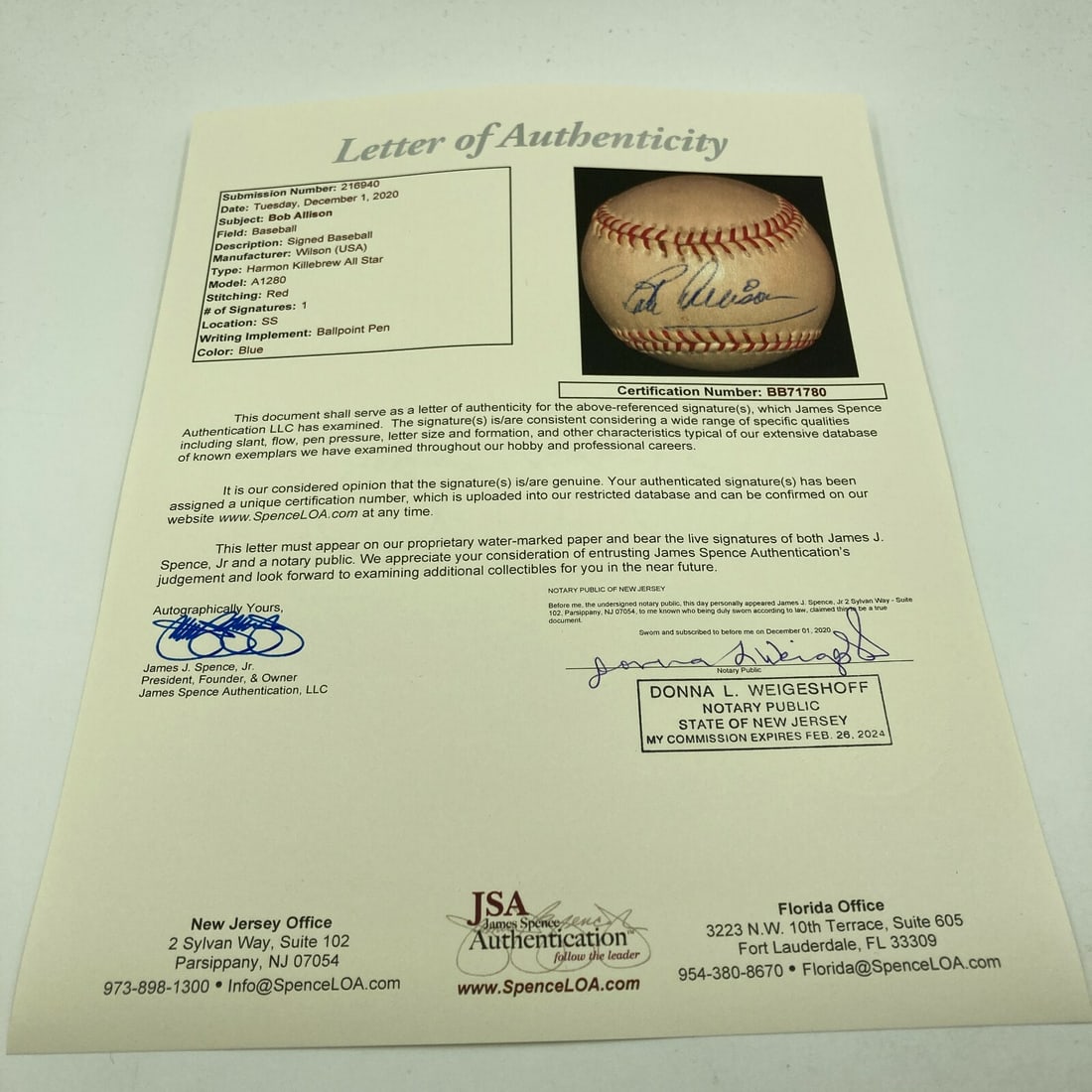 1950s Bob Allison Autographed Baseball Authenticated by JSA - 3