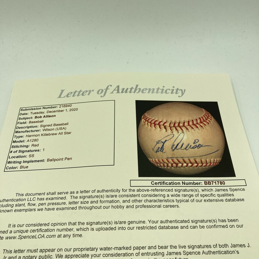 1950s Bob Allison Autographed Baseball Authenticated by JSA - 4