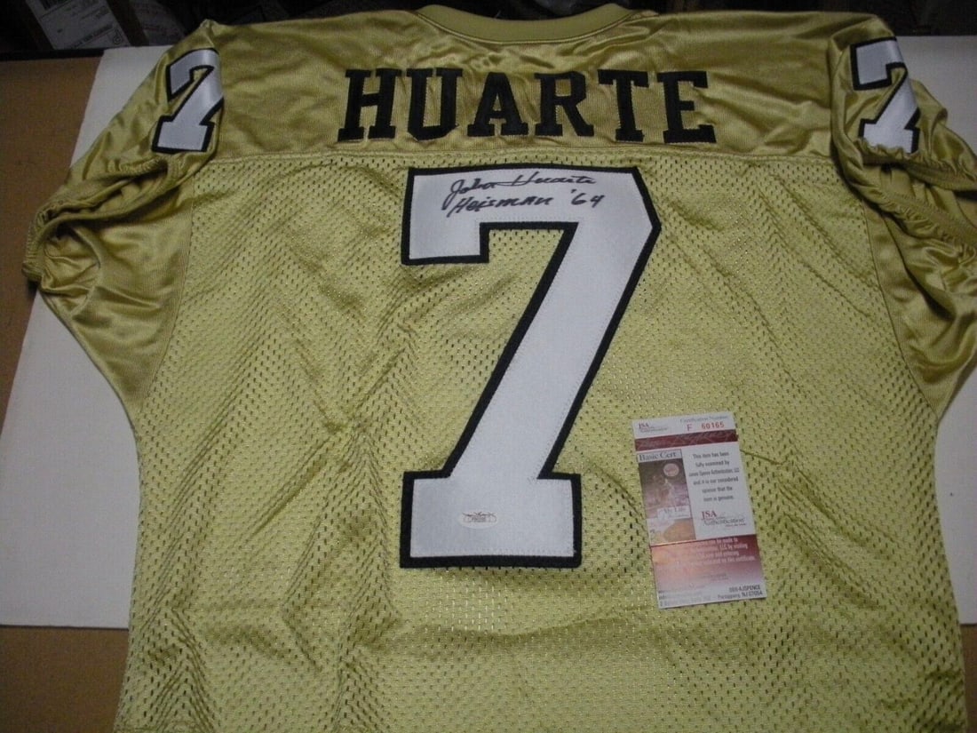 Notre Dame Football Jersey Signed by John Huarte with JSA COA: Notre Dame Football Jersey Signed by John Huarte with JSA COA This is a pre-owned Notre Dame green jersey officially licensed by Russell and signed by John Huarte. The autograph includes JSA/COA authe