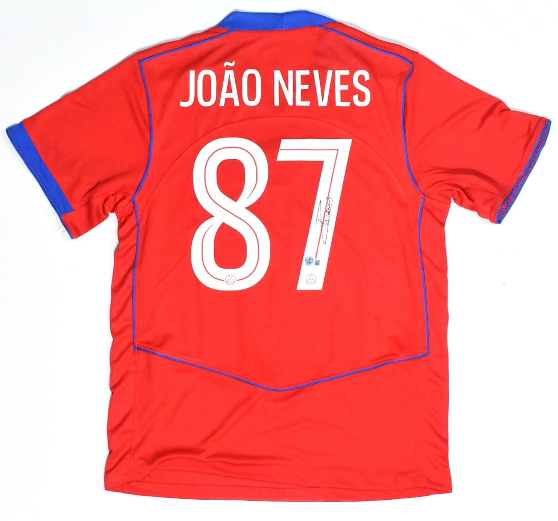 Autographed PSG Red Third Jersey Signed by Joao Neves with Beckett Hologram: Autographed PSG Red Third Jersey Signed by Joao Neves with Beckett Hologram This PSG red third soccer jersey is autographed by Joao Neves and features his number #87. The jersey is an original item an